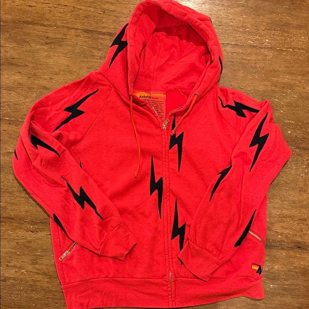 Aviator Nation Red Hoodie with Black Lightning Bolts